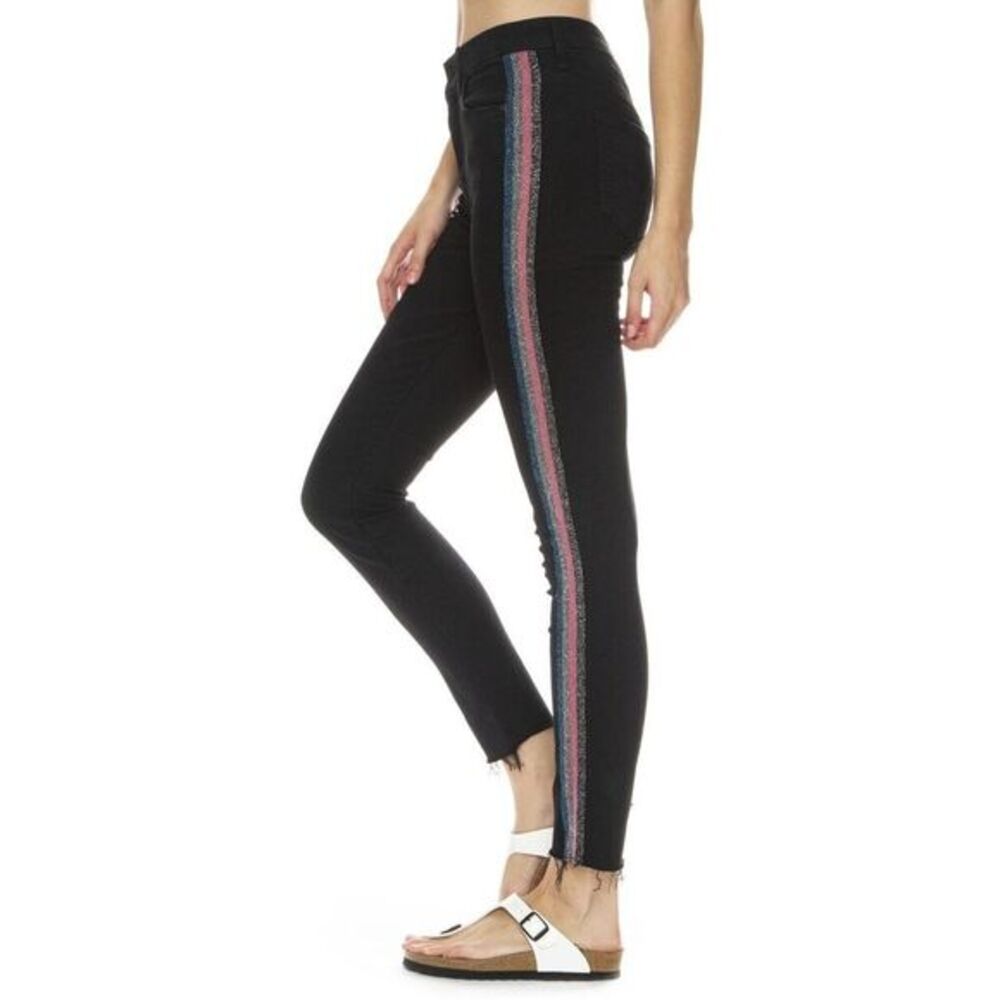 Mother HW Looker Ankle‎ Jeans Guilty Glitter Racer Sz 26 Black Raw Hem Stretch